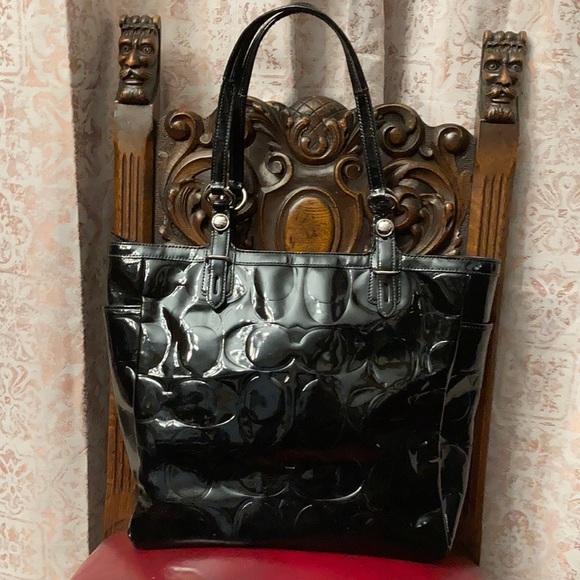Black patent leather purse “C’s” all over. Well loved. No tag on little chain. - Picture 1 of 10